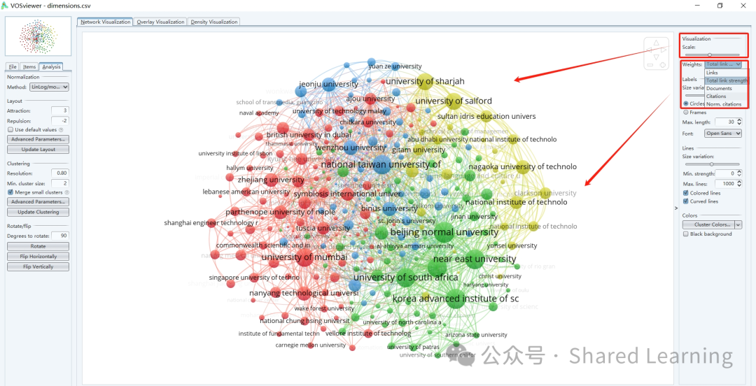机构引文图谱如何通过VOSviewer设置调整
