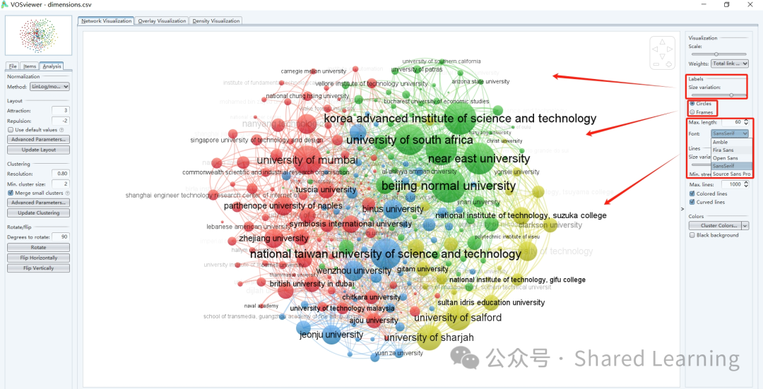 机构引文图谱如何通过VOSviewer设置调整