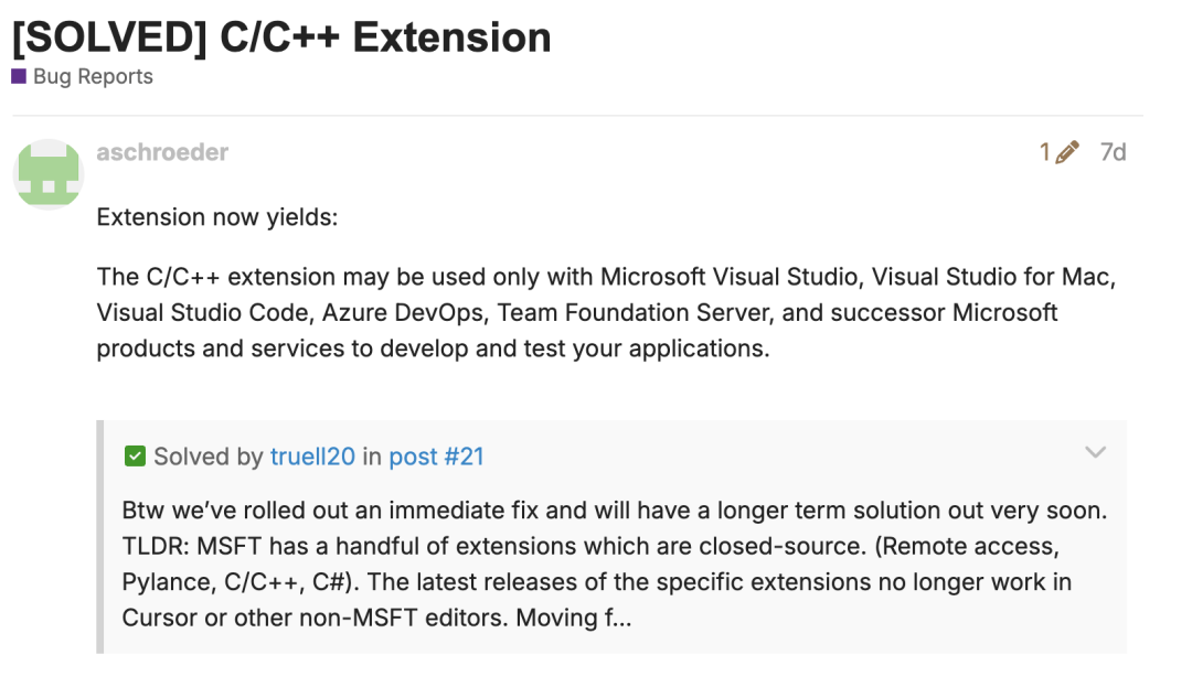 微软突发“封杀令”!全面禁止Cursor使用C、C++、C# 扩展,开发者被迫回退版本
