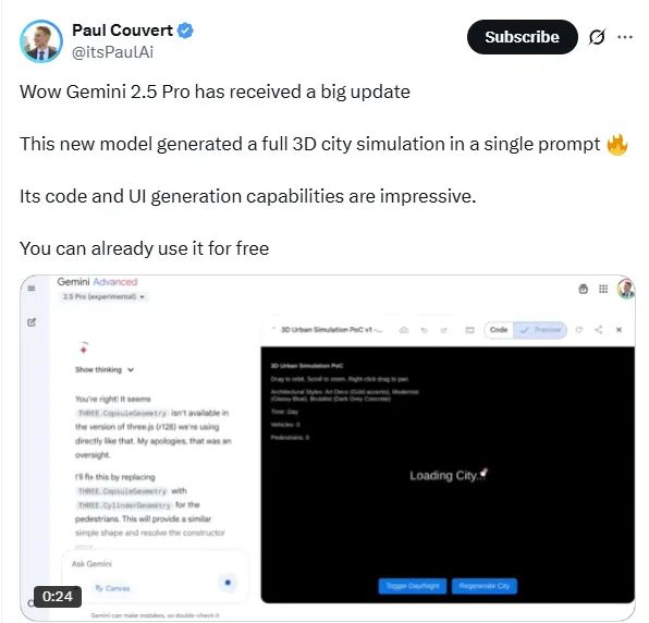 AI编程模型领域迎新王？谷歌发布Gemini 2.5 Pro I/O，单条文本提示即可生成完整应用