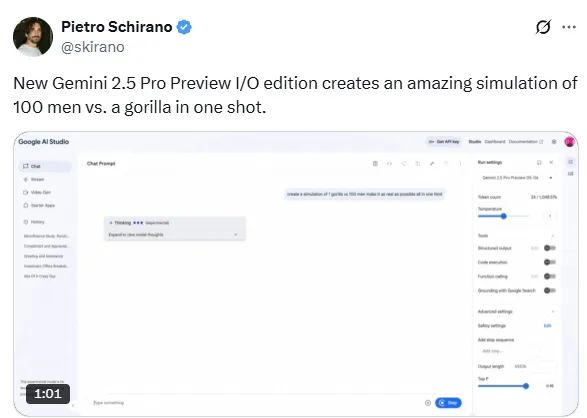 AI编程模型领域迎新王？谷歌发布Gemini 2.5 Pro I/O，单条文本提示即可生成完整应用