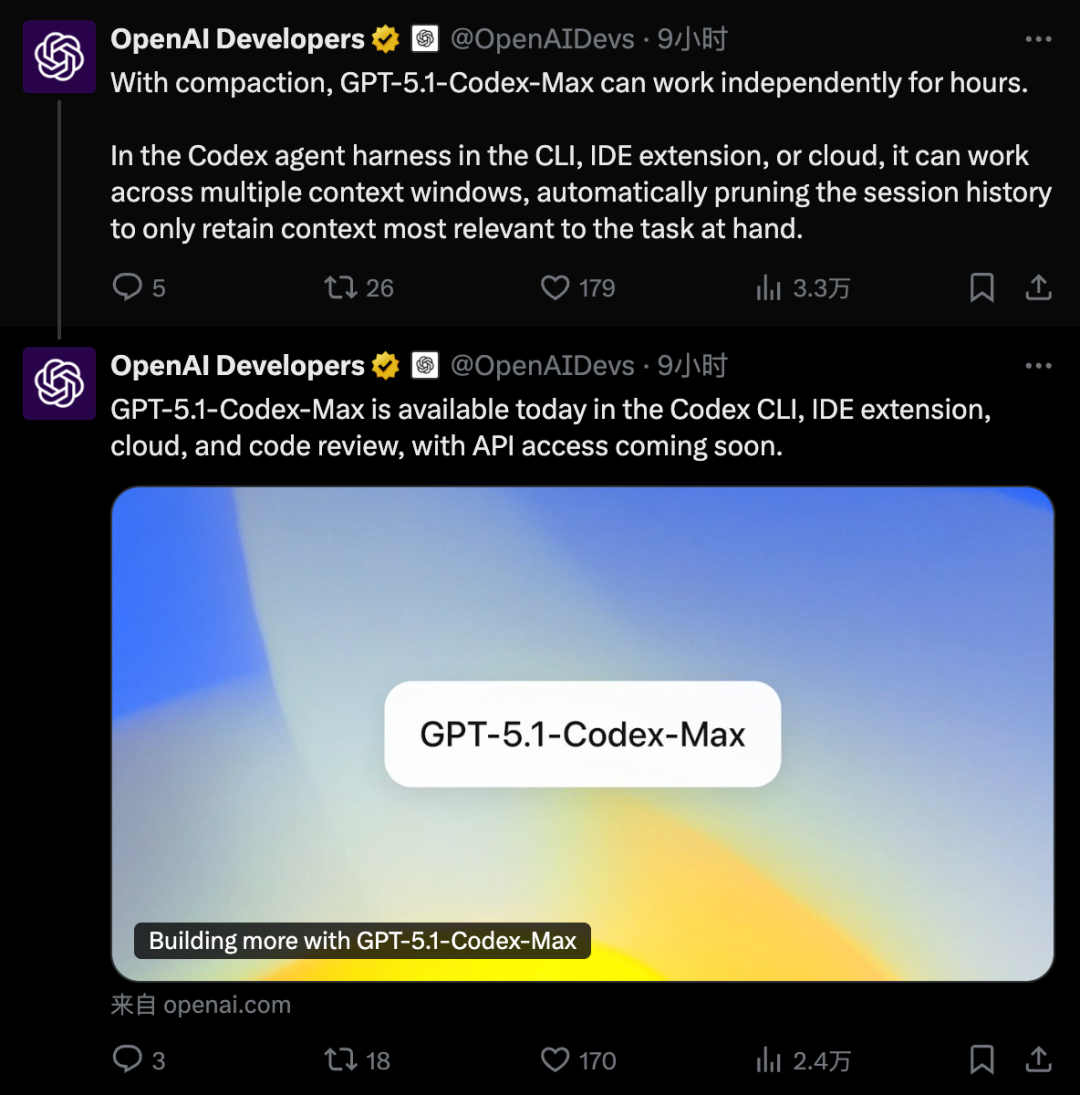 OpenAI紧急发布GPT-5.1-Codex-Max，带来「长程任务能力」，可24小时工作