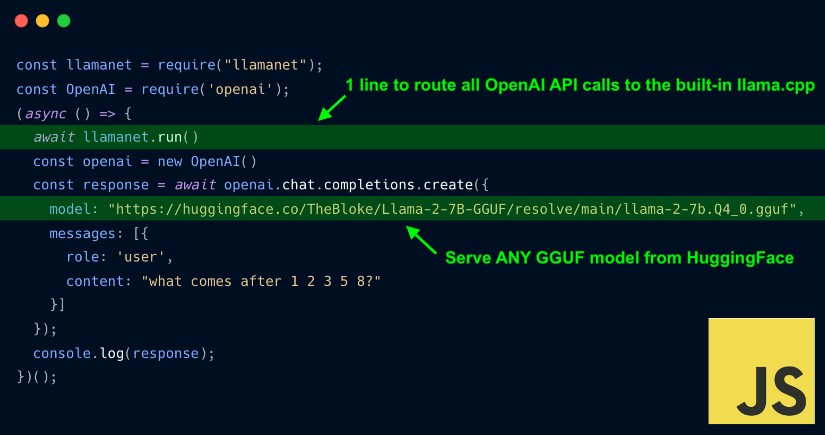 Llamanet：一行代码就可以将OpenAI驱动的程序转换为lamma.cpp！