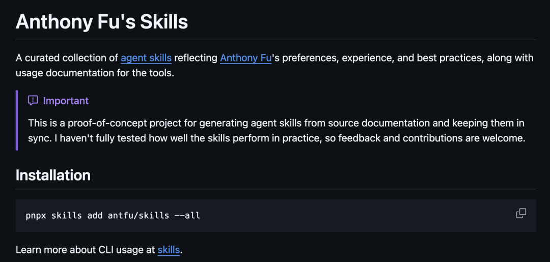 Vue 核心成员 Anthony Fu 发布了他的 Vue skills，这不就来了！