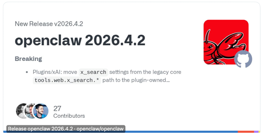 OpenClaw发布 2026.4.2 版本🦞