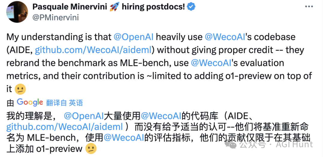 OpenAI最新项目MLE-bench被爆抄袭WecoAI!