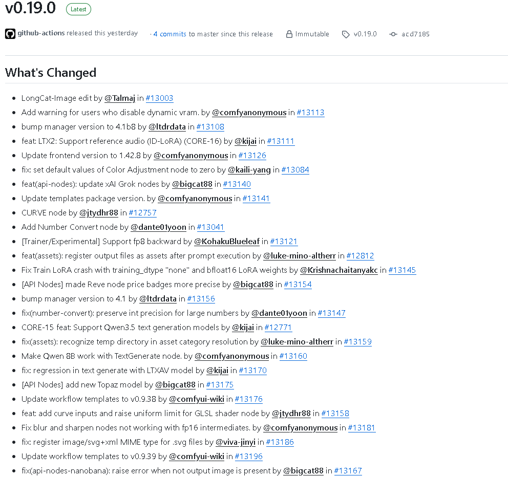 ComfyUI v0.19.0 更新：大量新节点、新模型、新修复与性能优化全面落地，工作流与训练能力再升级